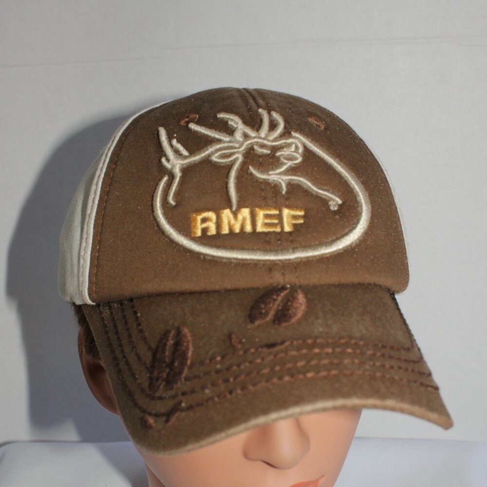 Men's RMEF Volunteer Brown Beige Outdoor Cap One Size Adjustable Strapback